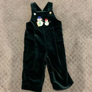 Florence Eiseman Green velvet overalls with snowman/holiday appliqué.  18 months